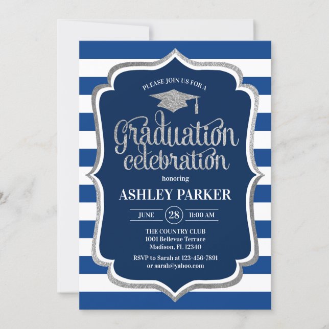 Graduation - Silver Navy Blue White Stripes Invitation (Front)