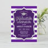 Graduation - Silver Purple White Stripes Invitation (Standing Front)
