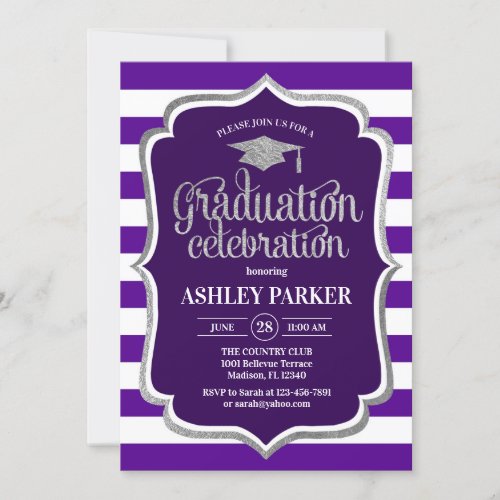 Graduation _ Silver Purple White Stripes Invitation