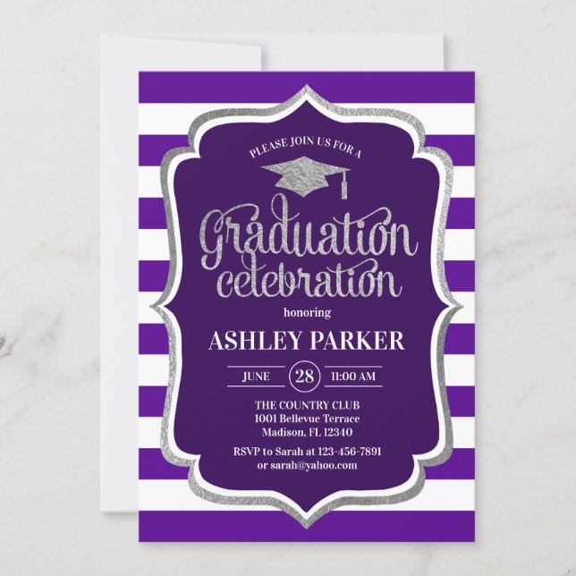 Graduation - Silver Purple White Stripes Invitation (Front)