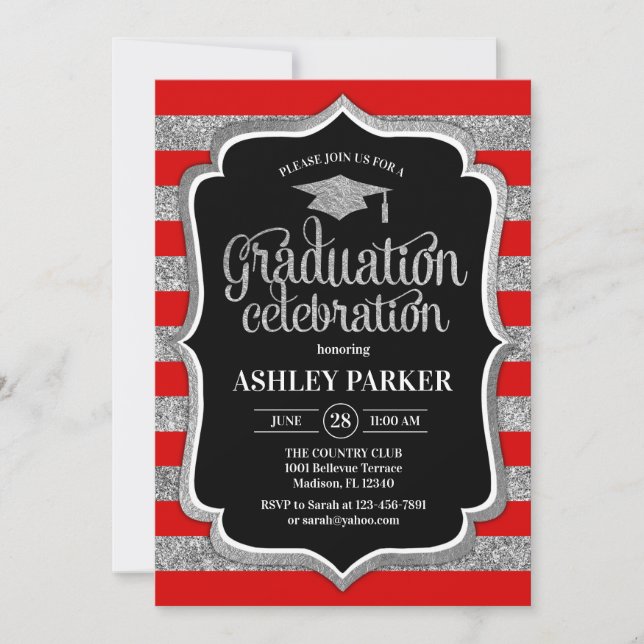 Graduation - Silver Red Black White Stripes Invitation (Front)