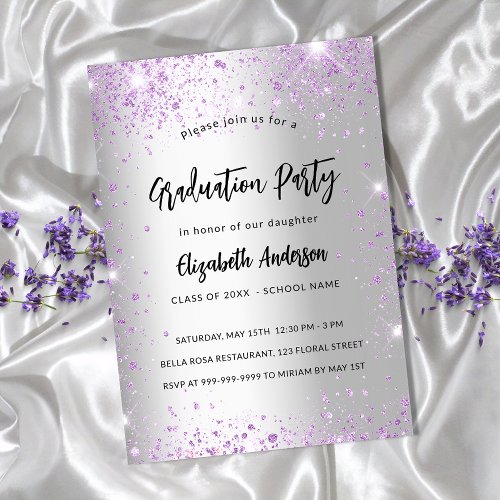 Graduation silver violet purple sparkles invitation