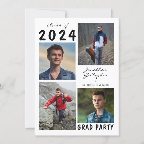 Graduation Simple 5 Photo Collage Black White Invitation