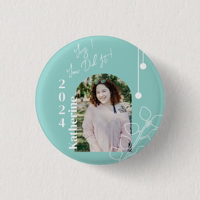 Graduation Simple Foliage Photo Aqua Button (Front)