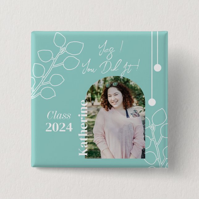 Graduation Simple Foliage Photo Aqua Button (Front)