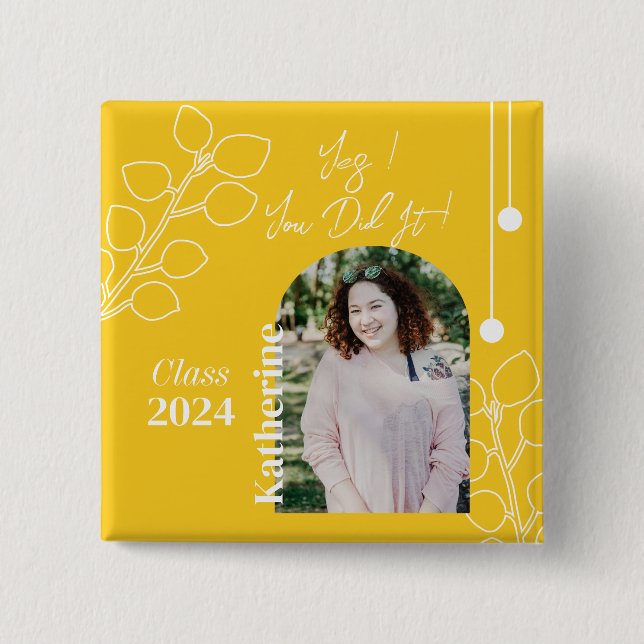 Graduation Simple Foliage Photo Mustard Button (Front)