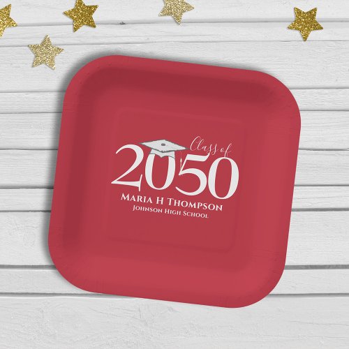 Graduation Simple Minimalist Red Mortarboard Year Paper Plates