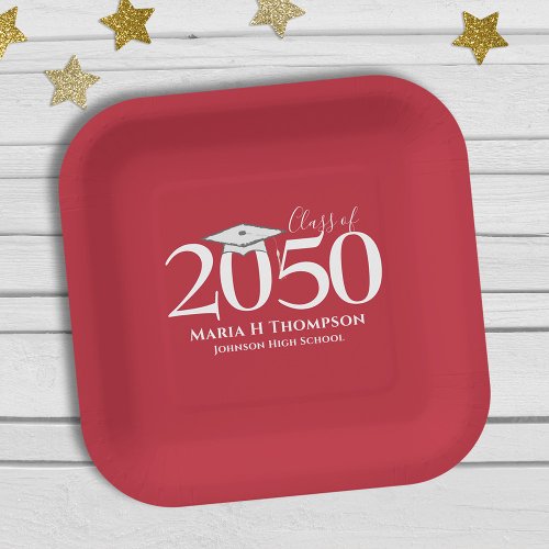 Graduation Simple Minimalist Red Mortarboard Year Paper Plates
