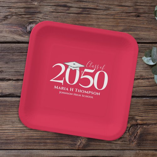 Graduation Simple Modern Minimalist Crimson Red Paper Plates