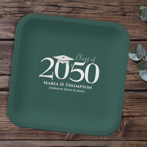 Graduation Simple Modern Minimalist Dark Green  Paper Plates