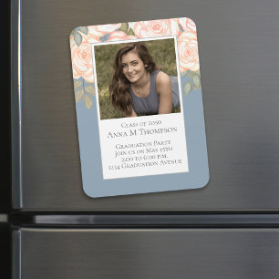 Graduation Simple Photo Floral Rose Dusty Blue Magnet