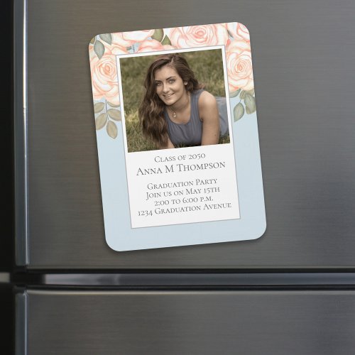 Graduation Simple Photo Floral Rose Light Blue Magnet