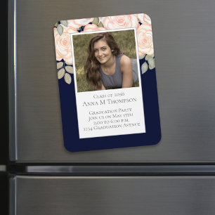 Graduation Simple Photo Floral Rose Navy Blue Magnet