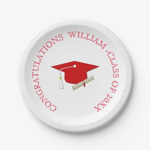 Graduation Simple Red and White Mortarboard Paper Plates