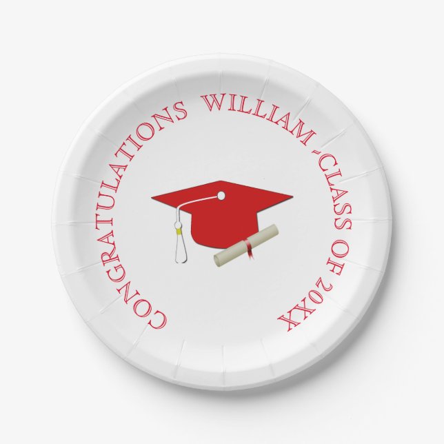 Graduation, Simple, Red and White, Mortarboard, Paper Plates (Front)