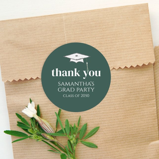 Graduation Simple Thank You Minimalist Dark Green  Classic Round Sticker (Creator Uploaded)