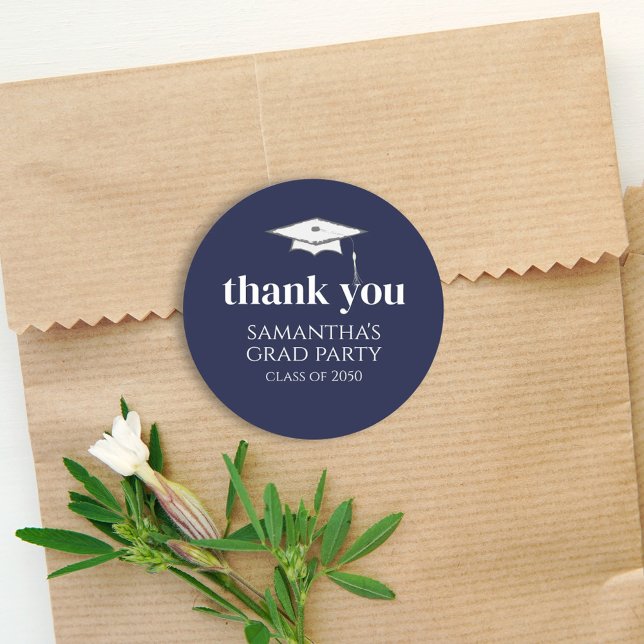 Graduation Simple Thank You Minimalist Navy Blue  Classic Round Sticker (Creator Uploaded)