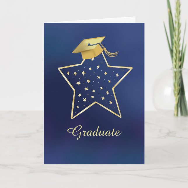 Graduation Star Congratulations Navy and Gold Look Card (Front)