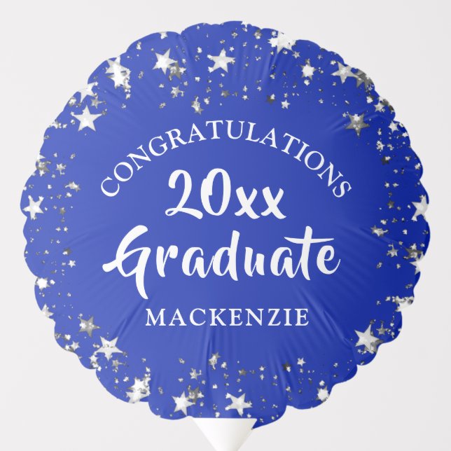 Graduation Stars Brush Script Name Year Royal Blue Balloon (Front)