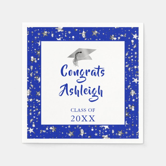 Graduation Stars Brush Script Royal Blue Napkins (Front)