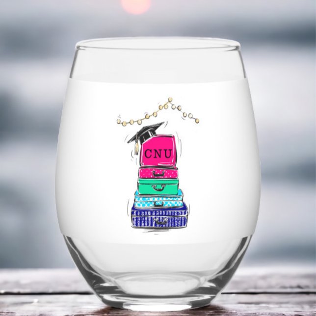 Graduation Suitcases Personalized College Initials Stemless Wine Glass (Creator Uploaded)