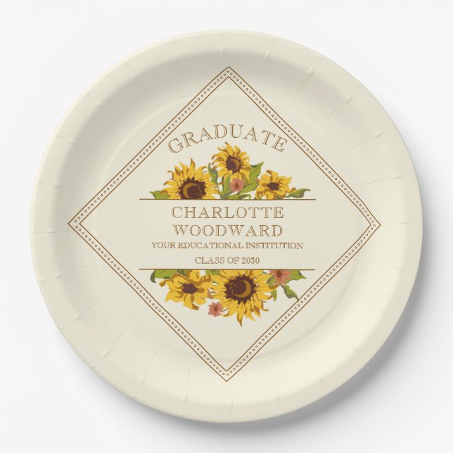Graduation Sunflowers Floral Graduation  Paper Plates (Front)