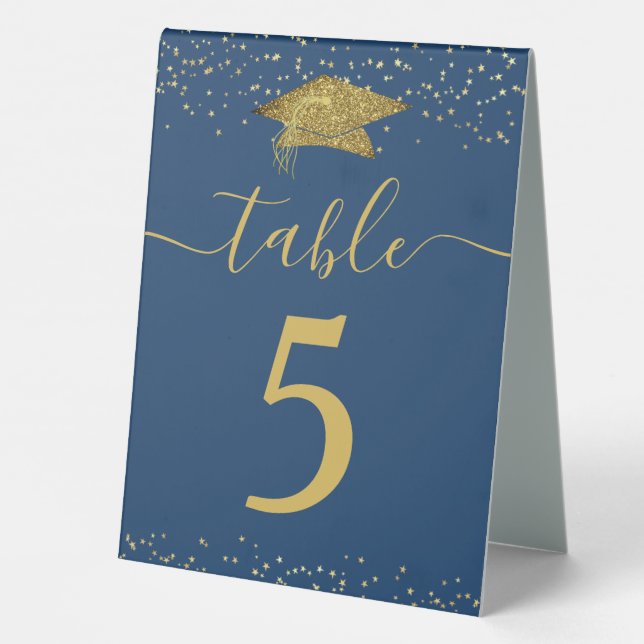 Graduation Table Number Blue Gold Glitter Cap Tent (Back)