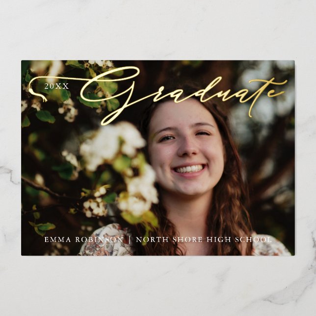 Graduation Tassel Script Photo Invitation Foil Invitation (Front)