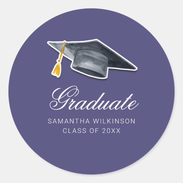 Graduation Tassel Script Purple Classic Round Sticker (Front)