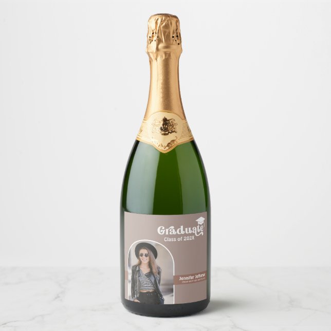 Graduation Terracotta Boho Arch Photo Sparkling Wine Label (Front)