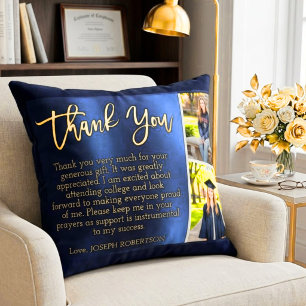 Graduation Thank You 2 Photo Collage Navy Blue Gol Throw Pillow