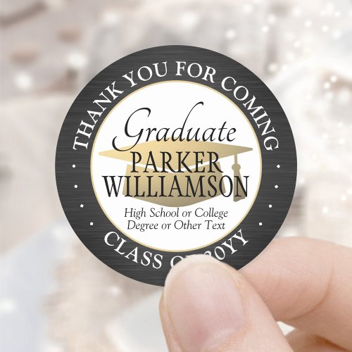 Graduation Thank You Brushed Black Gold and White Classic Round Sticker