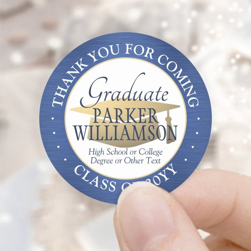 Graduation Thank You Brushed Blue White and Gold Classic Round Sticker