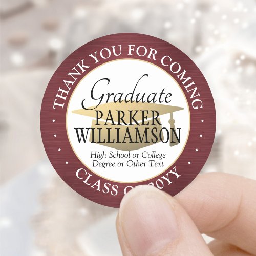 Graduation Thank You Brushed Burgundy Red and Gold Classic Round Sticker