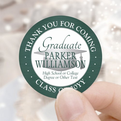 Graduation Thank You Brushed Dark Green and White Classic Round Sticker