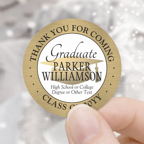 Graduation Thank You Brushed Gold Black White Classic Round Sticker