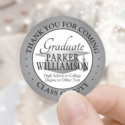 Graduation Thank You Brushed Gray Black and White Classic Round Sticker