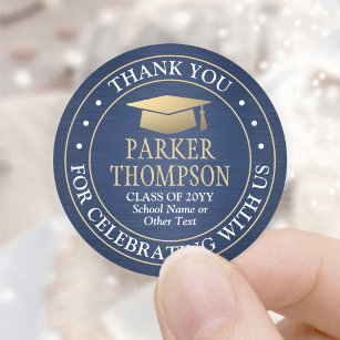 Graduation Thank You Brushed Navy Blue Gold White Classic Round Sticker