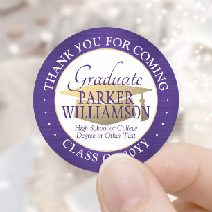 Graduation Thank You Brushed Purple Gold and White Classic Round Sticker