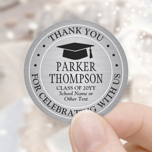 Graduation Thank You Brushed Silver Black  White Classic Round Sticker