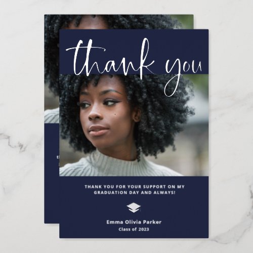 Graduation Thank You Card  Blue with Silver Foil