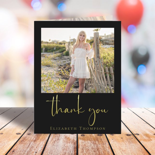 Graduation Thank You Card Modern Gold Calligraphy (Personalized gold script graduation balloon for stylish and elegant party decor.)