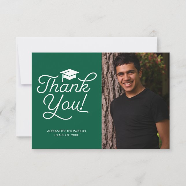 Graduation Thank You Card - Simple, Photo, Green (Front)