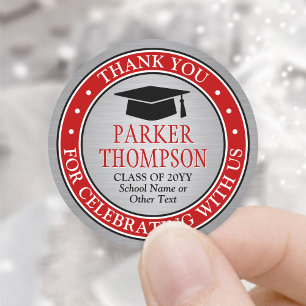 Graduation Thank You Elegant Red Gray Black White Classic Round Sticker