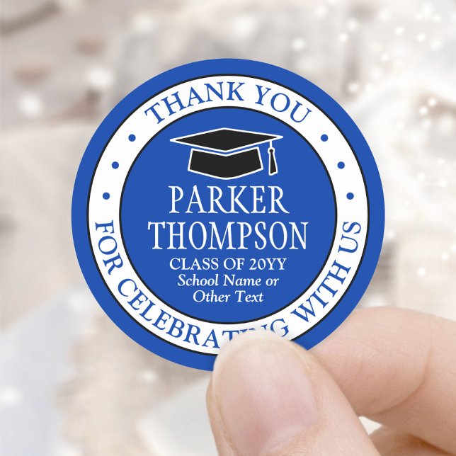 Graduation Thank You Elegant Royal Blue and White Classic Round Sticker (Creator Uploaded)