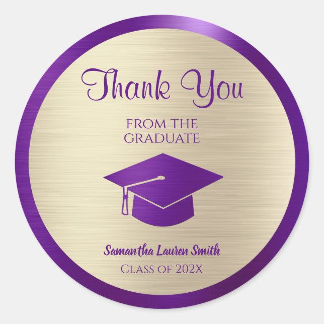 Graduation Thank You Gold Purple Class of 2022 Classic Round Sticker (Front)