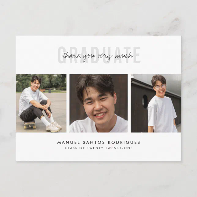 Graduation Thank You Minimalist 3 Photo Collage Postcard | Zazzle
