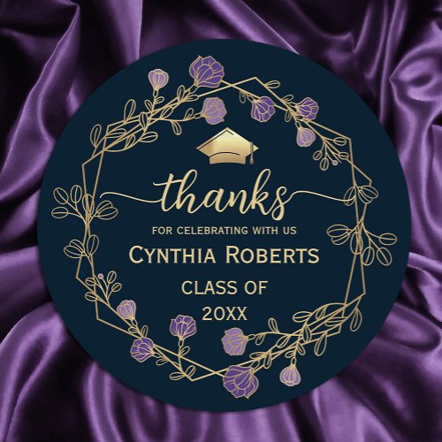 Graduation Thank You Navy Blue Gold Floral Classic Round Sticker