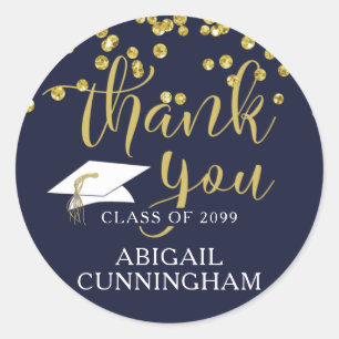 Graduation THANK YOU Navy Blue Script Confetti Classic Round Sticker