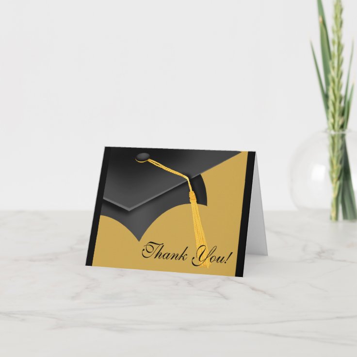 Graduation Thank You Note Card Black Gold Grad Cap | Zazzle